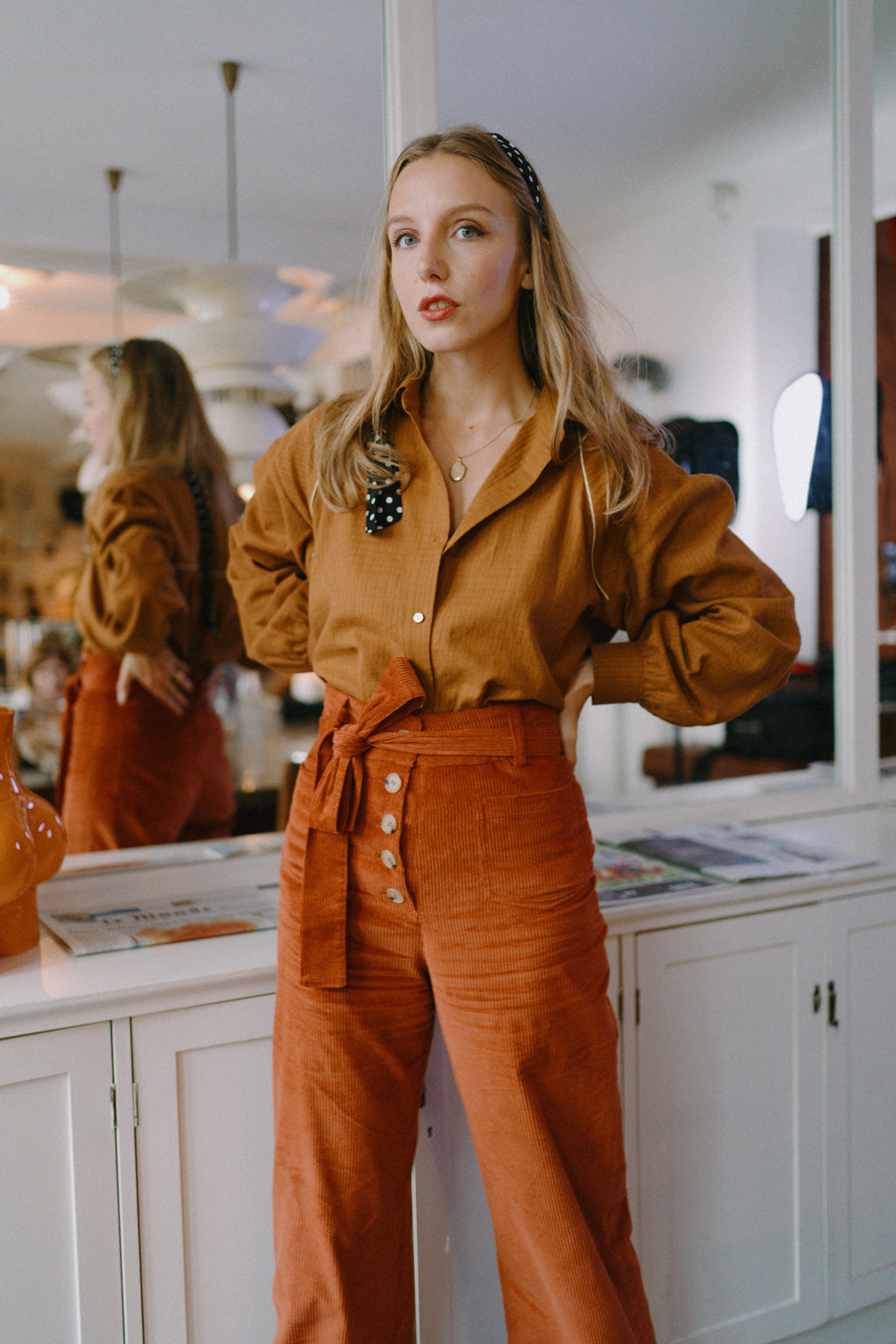 Pantalon Misha long velours côtelé brandy